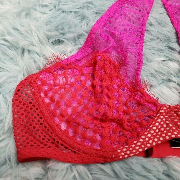 Victoria's Secrets Women's Red Hot Pink Fish Net Unlined Demi Bra 34 C - Picture 2 of 6